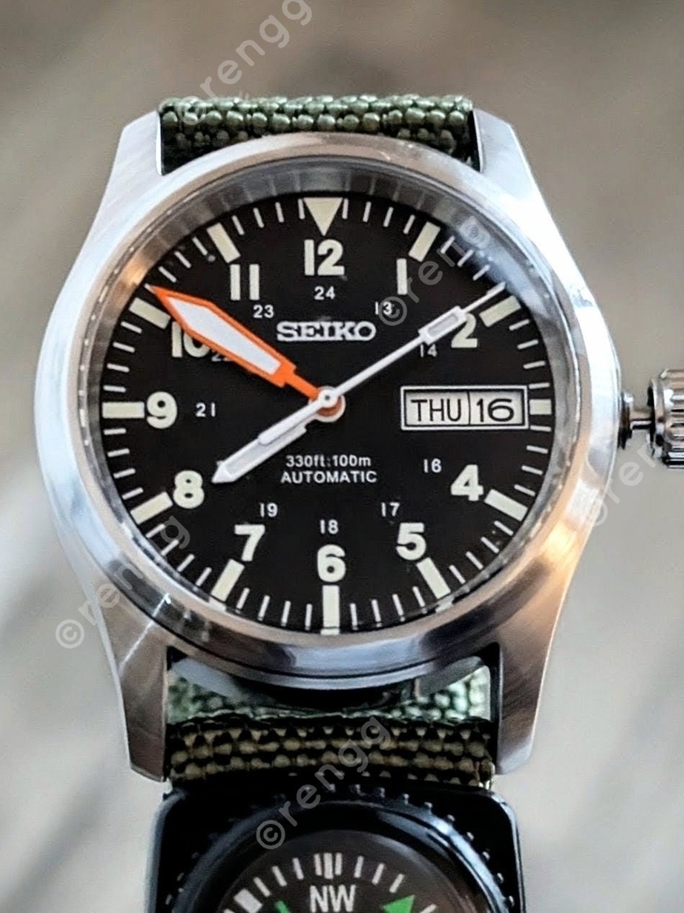 Seiko Automatic Field Watch Black Dial Green Strap Sapphire 36mm Day/Date Great